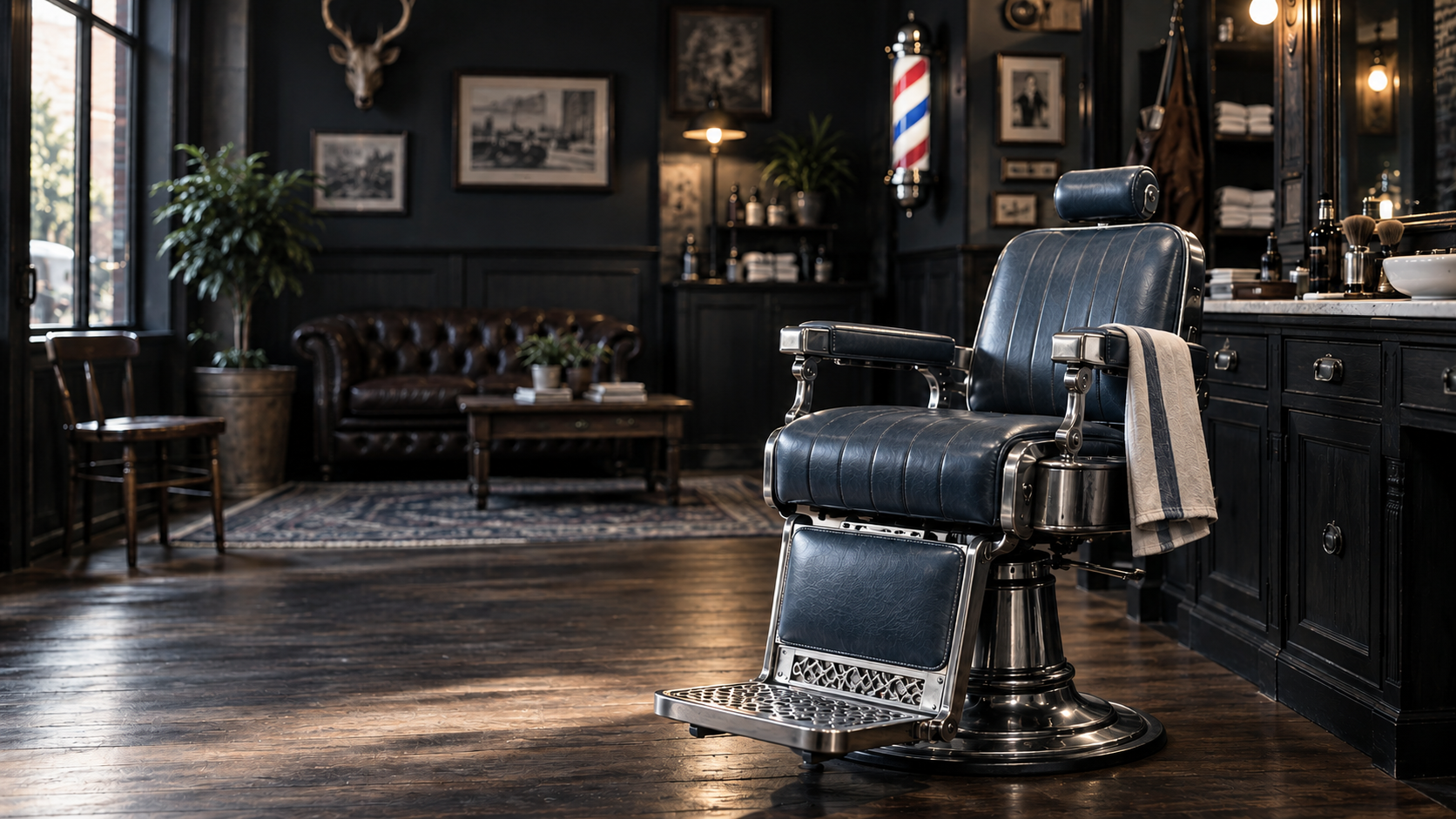 Concept image of a vintage burgundy barber chair in a warm, dark wood shop