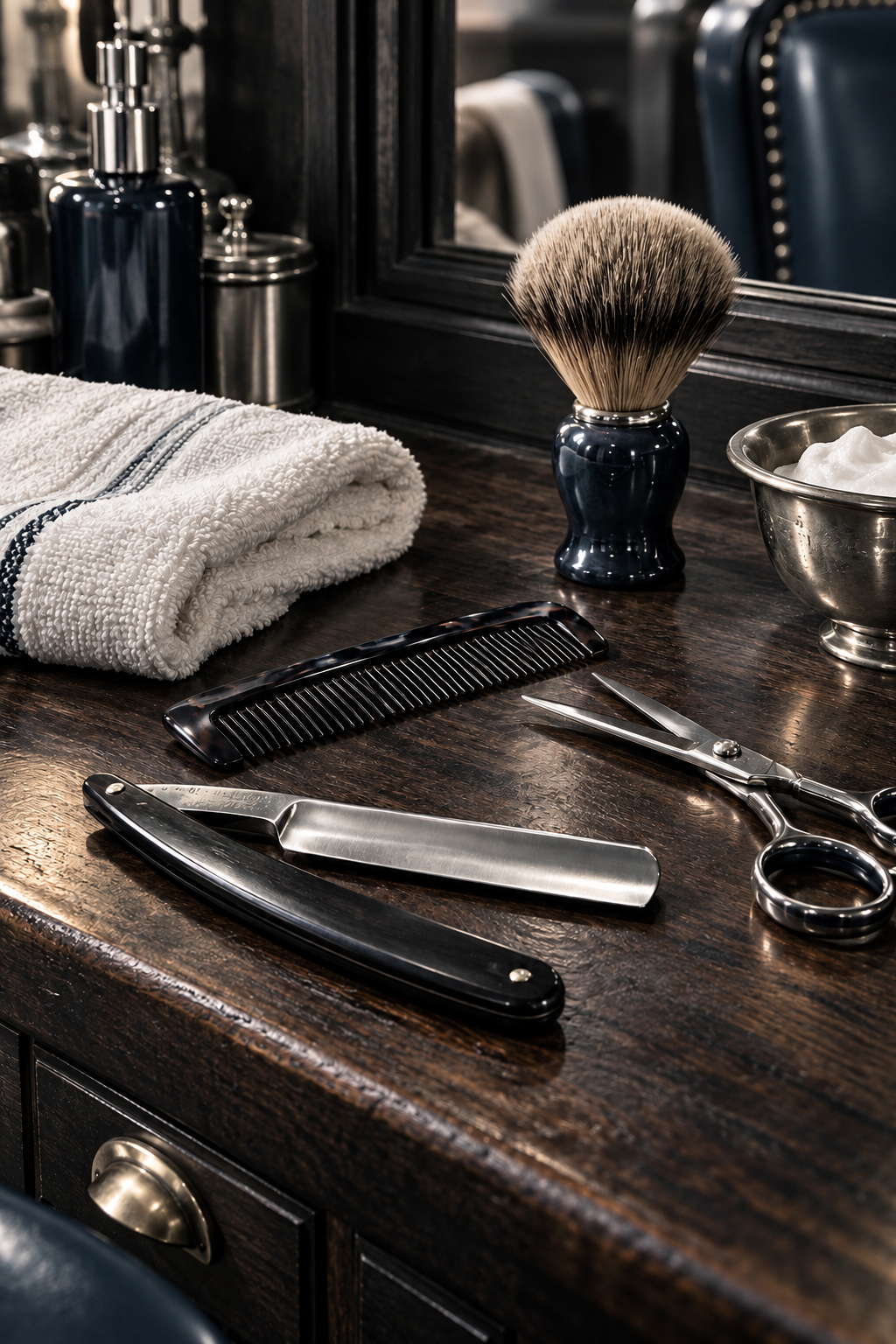 Concept image of classic barber tools on a dark wood counter